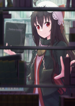 1girl ahoge armor black_dress black_hair blurry book bookshelf bookshelf_pov chain closed_mouth dalian dantalian_no_shoka depth_of_field dress faulds hair_between_eyes hat hat_ribbon highres holding holding_book light_particles light_smile lolita_fashion long_sleeves looking_at_viewer mob_cap okina_(805197) red_eyes red_ribbon ribbon solo