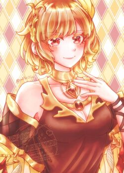 1girl blonde_hair breasts brown_dress citrinne_(fire_emblem) cleavage dress earrings fire_emblem fire_emblem_engage gold_choker gold_trim hair_ornament highres hoop_earrings jewelry leather_wrist_straps looking_at_viewer medium_breasts mismatched_earrings nintendo red_eyes solo wing_hair_ornament yuria0322