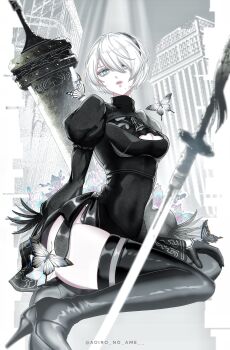 Rule 34 | 1girl, 2b (nier:automata), absurdres, aoiro no ame, black boots, black dress, black gloves, black hairband, black thighhighs, blue eyes, boots, breasts, bug, butterfly, cleavage, cleavage cutout, clothing cutout, commentary request, dress, feather-trimmed sleeves, gloves, grey hair, hair between eyes, hairband, high heel boots, high heels, highres, insect, juliet sleeves, long sleeves, looking at viewer, mole, mole under eye, nier:automata, nier (series), parted lips, planted, planted sword, planted weapon, puffy sleeves, short hair, side slit, solo, sword, thigh boots, thighhighs, thighhighs under boots, thighs, turtleneck, turtleneck dress, twitter username, weapon