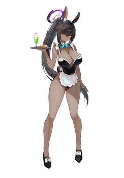 1girl absurdres alternate_costume animal_ears apron bare_legs black_hair black_leotard black_shoes blonde_hair blue_archive blue_bow blue_bowtie blush bow bowtie breasts cleavage commentary_request dark-skinned_female dark_skin food footwear_bow frilled_leotard frills full_body hair_between_eyes halo hand_up high_heels highleg highleg_leotard highres holding holding_tray karin_(blue_archive) karin_(bunny)_(blue_archive) large_breasts legs leotard long_hair looking_at_viewer maid melon_soda omelet omurice parted_lips paw_print playboy_bunny ponya_0000 ponytail pumps purple_halo rabbit_ears rabbit_girl rabbit_tail shiny_skin shoes solo tail thighs tray unconventional_maid very_long_hair waist_apron wide_hips yellow_eyes