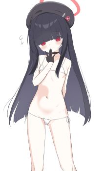 absurdres beret bikini black_choker black_hair blue_archive blush choker flat_chest gloves halo hand_on_own_face hat highres justice_task_force_member_(blue_archive) loli long_hair looking_at_viewer micro_bikini navel red_eyes red_halo simple_background string_bikini sweatdrop swimsuit user_yths2234 very_long_hair