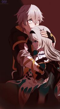 Rule 34 | absurdres, aqua skirt, caelus (honkai: star rail), collared dress, dress, fine art parody, firefly (honkai: star rail), grey hair, hair between eyes, hair intakes, hairband, highres, honkai: star rail, honkai (series), ivan the terrible and his son ivan, jacket, multicolored clothes, multicolored hair, neckerchief, orange neckerchief, parody, skirt, thevarnese, trailblazer (honkai: star rail)