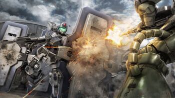 battle beam_rifle cable cloud cloudy_sky damaged debris dirty earth_federation energy_gun firing gm_(mobile_suit) gm_guard_custom green_visor gun gundam gundam_msv machine_gun machinery mecha mecha_focus mobile_suit muzzle_flash no_humans painting_(medium) promotional_art realistic robot scan science_fiction shield sky tenjin_hidetaka traditional_media weapon zaku_ii zeon