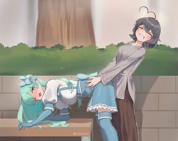 2girls absurdres ahoge bent_over black_hair blush closed_eyes dry_humping green_hair grimace hand_on_another&#039;s_waist heart heart_ahoge highres hiiragi_utena humping linhcoris long_hair magia_azure mahou_shoujo_ni_akogarete minakami_sayo multiple_girls one_eye_closed open_mouth parody red_eyes scene_reference short_hair yuri