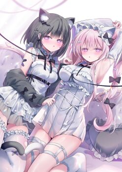 2girls :o ame_usari animal_ear_fluff animal_ears arm_up armpits black_bow black_collar black_hair black_jacket blush bow breasts cat_ears cat_girl clothing_cutout collar commentary_request dress hair_between_eyes hair_bow hair_ornament heart heart-shaped_pupils heart_cutout heart_hair_ornament heart_o-ring highres jacket large_breasts leash long_hair long_sleeves looking_at_viewer medium_breasts multiple_girls o-ring off_shoulder original pink_hair puffy_long_sleeves puffy_sleeves purple_eyes single_thighhigh sleeves_past_wrists spiked_collar spikes symbol-shaped_pupils thigh_strap thighhighs very_long_hair white_bow white_dress white_thighhighs winged_heart