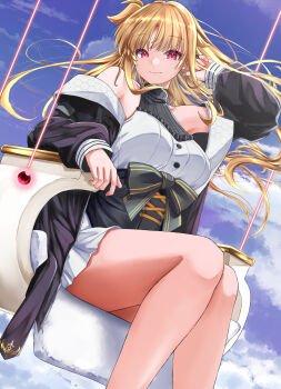 1girl bare_shoulders black_jacket blonde_hair blue_sky blush breasts cloud fate_testarossa highres jacket large_breasts long_hair looking_at_viewer lyrical_nanoha mahou_shoujo_lyrical_nanoha off_shoulder outdoors red_eyes shirt sitting skirt sky smile solo sougetsu_izuki white_shirt white_skirt