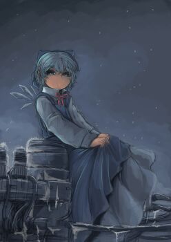 1girl absurdres blue_bow blue_dress blue_eyes blue_hair bow cirno doekuramori dress hair_bow highres ice ice_wings machine puffy_sleeves rain red_ribbon ribbon short_hair sitting skirt_hold solo touhou water wings