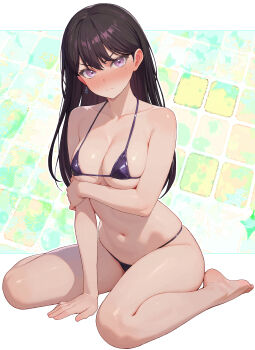 1girl absurdres bang_dream! bang_dream!_it's_mygo!!!!! bare_legs bare_shoulders barefoot bikini black_bikini black_hair blush breasts cleavage closed_mouth collarbone hair_between_eyes highres long_hair looking_at_viewer micro_bikini mole mole_under_eye navel purple_eyes raiden_(kdsn3783) shiina_taki sideboob sitting solo stomach swimsuit underboob wariza