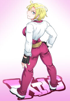 1girl ass blonde_hair blue_eyes breasts female_focus formal_clothes from_behind gloves huge_breasts king king_(snk) large_breasts looking_at_viewer looking_back pale_skin shirt shoes short_hair standing suit the_king_of_fighters the_king_of_fighters_xv thick_thighs thighs tuxedo vvv_slider white_shirt