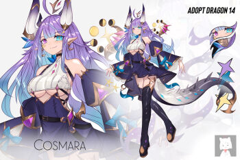 1girl ahoge bare_shoulders belt black_belt black_boots blue_bow blue_eyes blue_hair blunt_bangs boots bow breasts character_name closed_mouth clothing_cutout color_guide cropped_shirt detached_sleeves dragon_girl dragon_horns dragon_tail earrings full_body garter_straps gradient_hair grey_tail hair_ornament heterochromia high_heel_boots high_heels highres horns jewelry juliet_sleeves kuntou_art lips long_hair long_sleeves looking_at_viewer medium_breasts mole mole_under_eye multicolored_hair multiple_horns original pink_eyes pointy_ears puffy_sleeves purple_hair purple_skirt purple_sleeves shirt sidelocks skirt smile standing standing_on_one_leg star-shaped_pupils star_(symbol) straight_hair symbol-shaped_pupils tail thigh_boots tsurime turtleneck underboob underboob_cutout white_shirt wide_sleeves zoom_layer