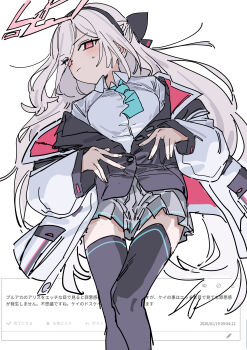 1girl absurdres aqua_necktie black_hairband black_jacket black_thighhighs blue_archive blue_necktie blush bow breasts closed_mouth collared_shirt feet_out_of_frame grey_hair grey_skirt hair_bow hairband halo haruyuki_(gffewuoutgblubh) highres jacket kei_(blue_archive) kei_(new_body)_(blue_archive) long_hair long_sleeves looking_at_viewer lying miniskirt multicolored_jacket necktie off_shoulder on_back open_clothes open_jacket pink_eyes pink_halo pleated_skirt red_eyes shirt simple_background skirt solo sweatdrop thighhighs two-tone_jacket very_long_hair white_background white_hair white_jacket white_shirt zettai_ryouiki