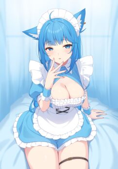 1girl ahoge animal_ear_fluff animal_ears apron blue_eyes blue_hair breasts cleavage cleavage_cutout clothing_cutout commentary dog_ears dog_girl highres large_breasts looking_at_viewer maid maid_apron maid_headdress nanashi_inc. nishino_eri short_sleeves sitting solo souya_ichika thigh_strap virtual_youtuber white_apron