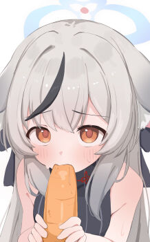 1girl absurdres animal_ears black_dress black_streaks blue_archive blue_halo breasts carrot china_dress chinese_clothes commentary_request dress fellatio grey_hair halo highres kokona_(blue_archive) multicolored_hair nicomi-chan oral phallic_symbol sexually_suggestive simulated_fellatio sleeveless sleeveless_dress small_breasts solo streaked_hair striped_clothes striped_dress tiger_ears tiger_girl vertical-striped_clothes vertical-striped_dress