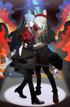 1088888888 2girls absurdres arm_up ascot bang_dream! bang_dream!_it's_mygo!!!!! black_ascot black_boots black_capelet black_corset black_ribbon black_skirt black_thighhighs blue_hair boots brooch capelet chinese_commentary closed_eyes commentary_request corset cross dancing earrings face-to-face fire full_body green_hair hair_ribbon hat high_heel_boots high_heels highres holding_hands interlocked_fingers jewelry long_hair long_sleeves looking_at_another mortis_(bang_dream!) mortis_(costume)_(bang_dream!) multiple_girls oblivionis_(bang_dream!) open_mouth pantyhose profile puffy_short_sleeves puffy_sleeves red_hat red_shirt red_shoes red_shorts ribbon shirt shoes short_sleeves shorts sidelocks skirt smile spotlight stage standing stuffed_animal stuffed_cat stuffed_toy thighhighs togawa_sakiko two_side_up wakaba_mutsumi yellow_eyes