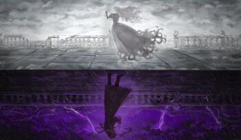 1boy 1girl barbed_wire black_footwear boots brown_coat brown_hair brown_scarf catherine_(project_moon) cloud coat erlking_heathcliff_(project_moon) every_catherine_(project_moon) floating_clothes floating_hair full_body hand_up heathcliff_(project_moon) highres juliet_sleeves limbus_company long_sleeves partially_colored project_moon puffy_sleeves railing rain scarf split_screen storm thunder u87654321111111