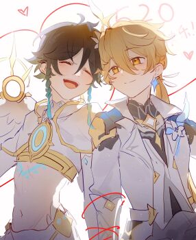 2boys aether_(as_heaven_and_earth_are_made_anew)_(genshin_impact) aether_(genshin_impact) ahoge androgynous angel_wings backlighting black_hair black_shirt blonde_hair blue_feathers blue_hair body_markings bound braid capelet closed_eyes closed_mouth commentary couple crop_top earrings english_commentary feathered_wings feathers flower flower_ornament genshin_impact gold_trim gradient_hair grey_pants hair_between_eyes hair_flower hair_ornament hair_ribbon happy hat hat_ribbon heart highres jacket jewelry lapels liya01037 long_hair long_sleeves looking_at_another low_ponytail male_focus mandarin_collar multicolored_hair multiple_boys navel official_alternate_costume official_alternate_hairstyle open_clothes open_jacket open_mouth pants ponytail ribbon shirt short_hair simple_background single_earring smile star_(symbol) star_earrings string string_of_fate teeth tied_up_(nonsexual) tongue twin_braids two-tone_hair venti_(archon)_(genshin_impact) venti_(genshin_impact) vest white_background white_capelet white_flower white_jacket white_shirt white_vest wings yaoi yellow_eyes