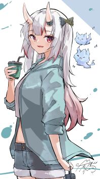 1girl absurdres alternate_costume blue_jacket blue_shorts commentary cup fang gradient_hair highres holding holding_cup hololive horns jacket looking_at_viewer multicolored_hair nakiri_ayame oni red_eyes red_hair red_streaks shirt shorts skin-covered_horns skin_fang solo streaked_hair twintails u_da_desu virtual_youtuber white_shirt