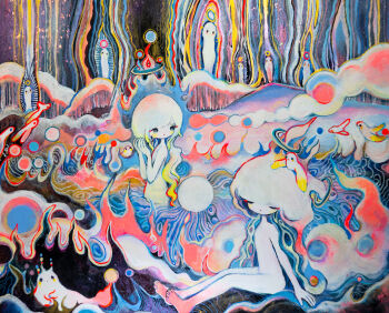 2girls abstract absurdres bird closed_eyes colored_skin completely_nude creature fire highres long_hair multiple_girls nude original painting_(medium) si-ku sitting traditional_media white_hair white_skin