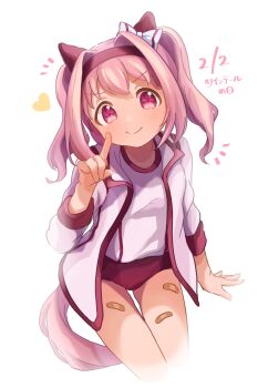 >:) 1girl absurdres alternate_hairstyle animal_ears bandaid blush bow buruma closed_mouth commentary_request cowboy_shot ear_covers flower_in_eye gym_shirt gym_uniform hair_bow hairband haru_urara_(bestest_prize)_(umamusume) haru_urara_(umamusume) head_tilt highres horse_ears horse_girl horse_tail jacket long_sleeves looking_at_viewer mochiusasa open_clothes open_jacket pink_eyes pink_hair red_buruma red_trim shirt short_hair smile solo symbol_in_eye tail twintails twintails_day umamusume v-shaped_eyebrows white_jacket white_shirt