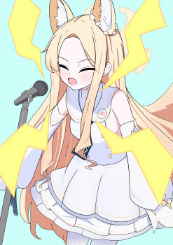 1girl absurdres animal_ear_fluff animal_ears aqua_background blonde_hair blue_archive blush closed_eyes detached_sleeves dress forehead fox_ears fox_girl halo highres ikakuzira_014 long_hair long_sleeves microphone microphone_stand open_mouth pantyhose parted_bangs seia_(blue_archive) sidelocks simple_background sleeves_past_wrists solo tail white_dress white_pantyhose white_sleeves yellow_halo