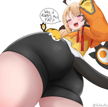 1girl absurdres ass ass_focus bike_shorts black_shorts brown_hair cropped_hoodie from_below gigi_murin gigi_murin_(1st_costume) grem_(gigi_murin) hand_up highres hololive hololive_english hood hoodie multicolored_hair open_mouth orange_hoodie paid_reward_available pink_eyes sharp_teeth shirt short_hair short_shorts short_twintails shorts simple_background solo speech_bubble tail teeth twintails two-tone_hair upper_teeth_only virtual_youtuber white_background white_shirt yahnuko