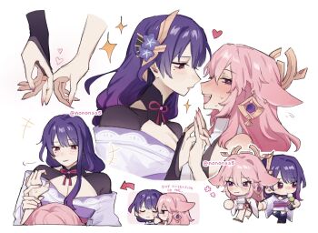 2girls animal_ear_fluff animal_ears blush breasts commentary english_commentary fox_ears fox_girl fox_tail genshin_impact hair_ornament heart heart-shaped_pupils highres long_hair long_sleeves looking_at_another multiple_girls nonons open_mouth purple_eyes purple_hair raiden_shogun smile symbol-shaped_pupils tail yae_miko yuri
