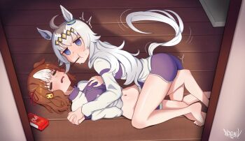 2girls absurdres ahoge animal_ears ass belno_light_(umamusume) brown_hair caught food food_in_mouth grabbing_another's_breast grey_hair groping highres horse_ears horse_girl horse_tail jacket looking_at_viewer multicolored_hair multiple_girls navel oguri_cap_(umamusume) pocky pocky_in_mouth shorts tail tearing_up track_jacket umamusume umamusume:_cinderella_gray vingete yuri