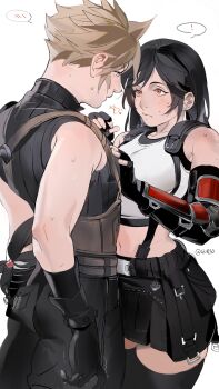 ! 1boy 1girl 4k1030 absurdres arrow_through_heart bare_shoulders black_gloves black_hair black_skirt black_thighhighs blonde_hair blue_eyes blush closed_mouth cloud_strife couple cowboy_shot crop_top ear_blush earrings elbow_gloves eye_contact face-to-face final_fantasy final_fantasy_vii final_fantasy_vii_rebirth final_fantasy_vii_remake fingerless_gloves from_side gloves hand_on_another's_chest height_difference hetero highres jewelry long_hair looking_at_another midriff motion_lines navel neck_blush red_eyes ribbed_sweater short_hair simple_background single_arm_guard skirt sleeveless sleeveless_turtleneck spiked_hair spoken_blush spoken_exclamation_mark standing suspender_skirt suspenders sweat sweatdrop sweater tank_top thighhighs tifa_lockhart trembling turtleneck turtleneck_sweater white_background white_tank_top zettai_ryouiki