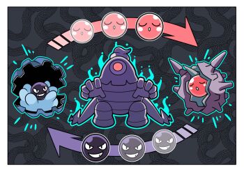 absurdres arrow_(symbol) aura body_switch border clamperl cloyster dusclops fukidashi_cotton gen_1_pokemon gen_3_pokemon highres nintendo no_humans personality_switch pokemon pokemon_(creature) smile white_border