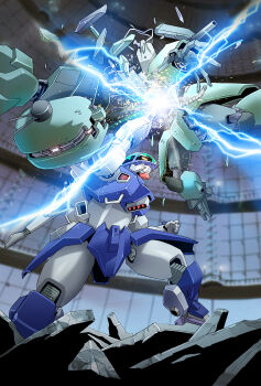 1980s_(style) absurdres aoki_ryuusei_spt_layzner bad_id bad_pixiv_id battle damaged energy energy_cannon epic highres layzner lightning mecha mecha_focus no_humans oldschool platin_(alios) punching retro_artstyle robot science_fiction skall_gunner