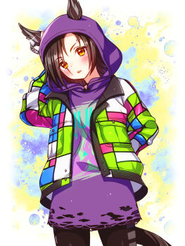 Rule 34 | 1girl, air shakur (casual) (umamusume), air shakur (umamusume), animal ears, black hair, black pantyhose, blush, casual, commentary request, eyebrow piercing, face piercing, hair between eyes, highres, hood, hood up, hoodie, horse ears, horse girl, horse tail, jacket, long hair, long sleeves, looking at viewer, multicolored jacket, open clothes, open jacket, pantyhose, parted lips, piercing, purple hoodie, solo, sugimotty nova, tail, umamusume, yellow eyes