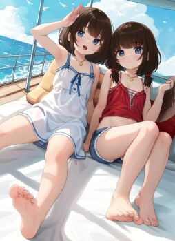 2girls absurdres bare_legs barefoot blue_eyes brown_hair commentary comodox day denim denim_shorts dress english_commentary faeryn_(comodox) feet highres looking_at_viewer multiple_girls navel ocean original outdoors paid_reward_available sheryn_(comodox) short_shorts shorts sitting smile soles toes twintails white_dress