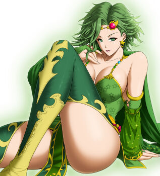 Rule 34 | 1girl, aged up, breasts, bridal gauntlets, cape, closed mouth, detached sleeves, earrings, final fantasy, final fantasy iv, green cape, green eyes, green footwear, green hair, green leotard, green thighhighs, highres, jewelry, large breasts, legs, leotard, lips, long hair, looking at viewer, rakusai (saisai garou), rydia (ff4), simple background, smile, solo, star (symbol), star earrings, thighhighs