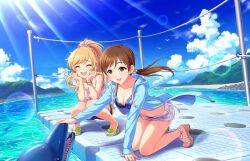 2girls :d bare_legs barefoot beach bikini blonde_hair blue_sky bracelet breasts brown_eyes brown_hair cleavage closed_eyes cloud cumulonimbus_cloud denim denim_shorts dolphin flip-flops full_body hand_on_animal hands_on_own_cheeks hands_on_own_face idolmaster idolmaster_cinderella_girls idolmaster_cinderella_girls_starlight_stage jacket jewelry kiryu_tsukasa_(idolmaster) kneeling light_rays long_hair low_ponytail multiple_girls nitta_minami ocean official_art ohtsuki_yui open_clothes open_jacket open_mouth ponytail raised_inner_eyebrows sandals short_shorts shorts sky smile squatting strappy_heels swimsuit tareme third-party_source tile_floor tiles tree vest