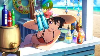 Rule 34 | 1girl, barrel, beach, beads, bikini, bracelet, clothes around waist, cup, day, drink, drinking glass, flower, food stand, game cg, hat, hat flower, highres, innertube, jewelry, leaning forward, looking at viewer, o-ring, o-ring bikini, o-ring top, ocean, official alternate costume, official art, one eye closed, outdoors, pink flower, red bikini, red flower, rutee katrea, rutee katrea (summer), sand, short hair, smile, solo, sun hat, swim ring, swimsuit, tales of (series), tales of asteria, tales of crestoria, tales of destiny, very short hair, yellow flower