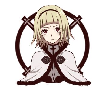1girl black_hairband blonde_hair blunt_bangs capelet closed_mouth commentary_request cropped_torso drag-on_dragoon drag-on_dragoon_3 expressionless facial_mark forehead_mark fur-trimmed_capelet fur_trim hairband highres looking_at_viewer one_(drag-on_dragoon) red_eyes roman_numeral short_hair solo tamakingx422x white_background white_capelet