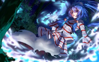 1girl absurdres blue_eyes blue_fire blue_hair chinese_commentary commentary_request cuffs fire full_body ghost_tail hair_ornament hair_tubes highres long_hair long_sleeves looking_at_viewer miyadeguchi_mizuchi open_mouth outdoors ox-gear-xo ponytail prison_clothes shackles shirt skirt skull_hair_ornament smile solo striped_clothes striped_shirt striped_skirt touhou white_shirt white_skirt