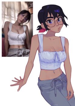 1girl artist_self-insert black_hair blue_eyes breasts cleavage colored_inner_hair crop_top glasses grey_pants highres looking_at_viewer margaret_h medium_breasts mole mole_on_arm mole_on_cheek multicolored_hair navel navel_piercing original pants photo-referenced piercing pink_hair ponytail reference_inset shadow shirt short_ponytail simple_background solo two-tone_hair white_background white_shirt