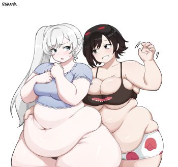2girls 53hank absurdres artist_name belly_grab black_bra black_hair black_panties blue_eyes blue_shirt blush boxer_shorts bra breasts cleavage commission crop_top fat fat_rolls fat_woman grey_eyes groping_motion hands_on_own_chest highres large_breasts long_hair medium_breasts multiple_girls navel obese on_head open_mouth panties polka_dot ruby_rose rwby shirt short_hair short_shorts shorts side_ponytail sleep_mask smile standing sweat thick_thighs thighs underwear vgen_commission weiss_schnee white_background white_hair wide_hips