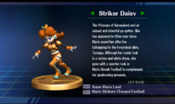1girl armor blue_eyes blue_hair brown_hair crown earrings flipped_hair flower_earrings full_body gloves jewelry mario_(series) mario_strikers_(series) mario_strikers_charged nintendo official_art princess_daisy screen shorts soccer soccer_uniform sportswear super_mario_strikers super_smash_bros. trophy