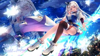 1girl absurdres aki_kakao anon_stella black_thighhighs blue_eyes blue_shorts blue_vest bow breasts cape checkered_bow checkered_clothes cleavage_cutout clothing_cutout commentary_request hair_bow hair_ornament highres indie_virtual_youtuber large_breasts legs long_hair purple_cape shirt shoes short_shorts shorts single_thighhigh skirt solo star_(symbol) star_hair_ornament thighhighs two-sided_cape two-sided_fabric vest virtual_youtuber waist_cape white_cape white_hair white_shirt white_shoes white_skirt