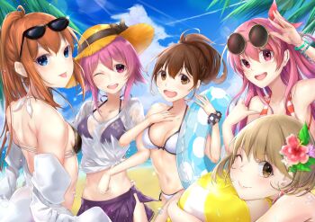 :d ;d absurdres alternate_eye_color armband ball beach beachball bikini bikini_skirt blue_eyes blue_sky blunt_bangs blurry bokeh bow breasts brown_eyes brown_hair chaos;child chaos;head cleavage cloud collarbone day depth_of_field eyewear_on_head floral_print hair_bow hair_ribbon high_ponytail highres long_hair makise_kurisu medium_breasts medium_hair midriff multiple_girls narusawa_ryouka navel occultic;nine one_eye_closed one_side_up onoe_serika open_mouth outdoors pink_eyes pink_hair polka_dot ponytail ribbon robotics;notes round_eyewear sakihata_rimi science_adventure see-through_clothes senomiya_akiho shirt shirt_partially_removed short_hair sky sleeve_pull small_breasts smile steins;gate stomach striped_bikini striped_clothes sunglasses swimsuit teeth tongue upper_teeth_only wet wet_clothes wet_shirt white_bikini yakku