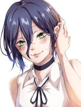 1girl adjusting_hair black_choker black_ribbon chainsaw_man choker closed_mouth collared_shirt green_eyes grenade_pin highres medium_hair mii_230 neck_ribbon purple_hair reze_(chainsaw_man) ribbon shirt simple_background sleeveless sleeveless_shirt smile solo white_background white_shirt