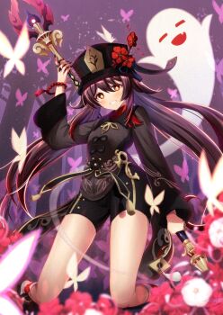 Rule 34 | 1girl, adversarial noise, animal, arm up, azuma yuki, black hat, black nails, black shoes, black shorts, blurry, blurry foreground, blush, boo tao (genshin impact), breasts, brown hair, brown jacket, bug, butterfly, chinese clothes, coattails, collared coat, commentary request, depth of field, flower, flower-shaped pupils, genshin impact, ghost, grin, hair between eyes, hat, hat flower, highres, holding, hu tao (genshin impact), insect, jacket, jewelry, kneeling, long hair, long sleeves, looking at viewer, low twintails, porkpie hat, red eyes, red flower, red shirt, revision, ring, shirt, shoes, short shorts, shorts, small breasts, smile, socks, solo, staff of homa (genshin impact), symbol-shaped pupils, tailcoat, twintails, very long hair, white flower, white socks, wide sleeves