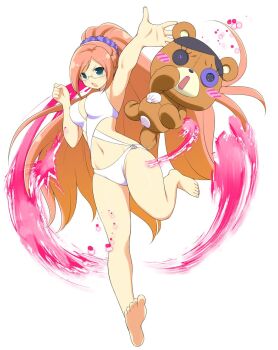 1girl :o barefoot bikini blue_eyes blush_stickers braid breasts button_eyes buttons cleavage clenched_hand covered_erect_nipples energy game_cg glasses groin hair_ornament hair_scrunchie half_up_half_down_braid high_ponytail highres kumapooh_(senran_kagura) light_particles linea_alba long_hair looking_at_viewer medium_breasts navel o-ring o-ring_bikini official_alternate_costume official_art orange_hair outstretched_arm ponytail purple_scrunchie ranmaru_(senran_kagura) scrunchie senran_kagura senran_kagura_new_wave shell shell_bikini simple_background solo standing standing_on_one_leg stuffed_animal stuffed_toy swept_bangs swimsuit teddy_bear v-shaped_eyebrows very_long_hair white_background white_bikini