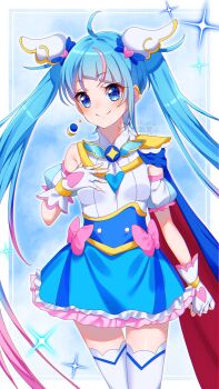 Rule 34 | 1girl, absurdres, ahoge, blue cape, blue dress, blue eyes, blue hair, blush, bow, brooch, cape, closed mouth, colored petticoat, commentary, cure sky, cut bangs, detached sleeves, diagonal bangs, dress, dress bow, earrings, fingerless gloves, floating hair, frilled dress, frills, gloves, gradient hair, hair ornament, hand on own chest, highres, hirogaru sky! precure, jewelry, long hair, looking at viewer, magical girl, medium dress, multicolored dress, multicolored hair, myarikuru, petticoat, pink bow, pink hair, precure, puffy detached sleeves, puffy sleeves, red cape, single bare shoulder, single earring, single hair streak, single sidelock, sleeveless, sleeveless dress, smile, solo, sora harewataru, sphere earrings, streaked hair, twintails, two-sided cape, two-sided fabric, two-tone dress, two-tone hair, very long hair, white dress, white gloves, wing brooch, wing hair ornament
