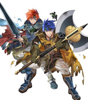 2boys axe battle_axe blue_eyes blue_hair cape clenched_teeth cosplay damaged eliwood_(fire_emblem) eliwood_(fire_emblem)_(cosplay) fire_emblem fire_emblem:_path_of_radiance fire_emblem:_the_binding_blade fire_emblem_heroes greatsword greil greil_(cosplay) highres ike_(brave_mercenary)_(fire_emblem) ike_(fire_emblem) maid_headdress male_focus multiple_boys nintendo non-web_source official_alternate_costume official_art one_eye_closed red_hair roy_(brave_lion)_(fire_emblem) roy_(fire_emblem) sword teeth torn_cape torn_clothes two-sided_cape two-sided_fabric weapon