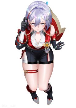 1girl absurdres bare_shoulders black_boots black_gloves blue_eyes blush boots breasts commentary detached_sleeves elbow_gloves gloves highres honkai:_star_rail honkai_(series) ice_suia large_breasts looking_at_viewer looking_up multicolored_hair red_hair short_hair solo topaz_(honkai:_star_rail) white_hair