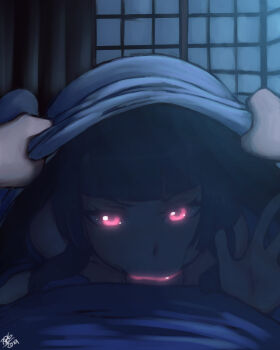 1boy 1girl :&gt;= artist_name bad_id bad_pixiv_id blunt_bangs dark dated deepthroat fellatio fusuma gate_-_jieitai_ka_no_chi_nite_kaku_tatakaeri glowing glowing_eyes glowing_mouth hetero highres hime_cut lips looking_at_viewer night oral penis pov randomboobguy red_eyes rory_mercury shouji sliding_doors uncensored under_covers