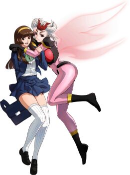 2girls bag black_footwear black_gloves blue_skirt bodysuit boots breasts brown_eyes brown_hair closed_mouth crossover full_body gloves hairband highres holding holding_bag iron_saga long_hair mazinger_(series) minerva_x multiple_girls official_alternate_costume official_art open_mouth pink_bodysuit purple_eyes red_hair school_uniform shin_mazinger_zero shirt shoes skirt smile thighhighs transparent_background white_hair white_shirt white_thighhighs yellow_hairband yumi_sayaka